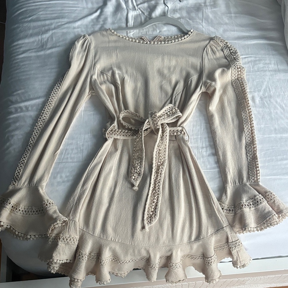 Cream Crochet-Trim Long Sleeve Mini Dress